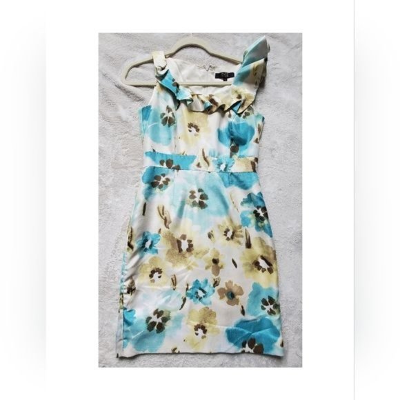 Alex Marie Sz.2 Petite asymmetrical ruffle floral textured dress Blue and Green - Picture 1 of 13